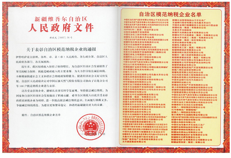 2007 自治区模范纳税企业